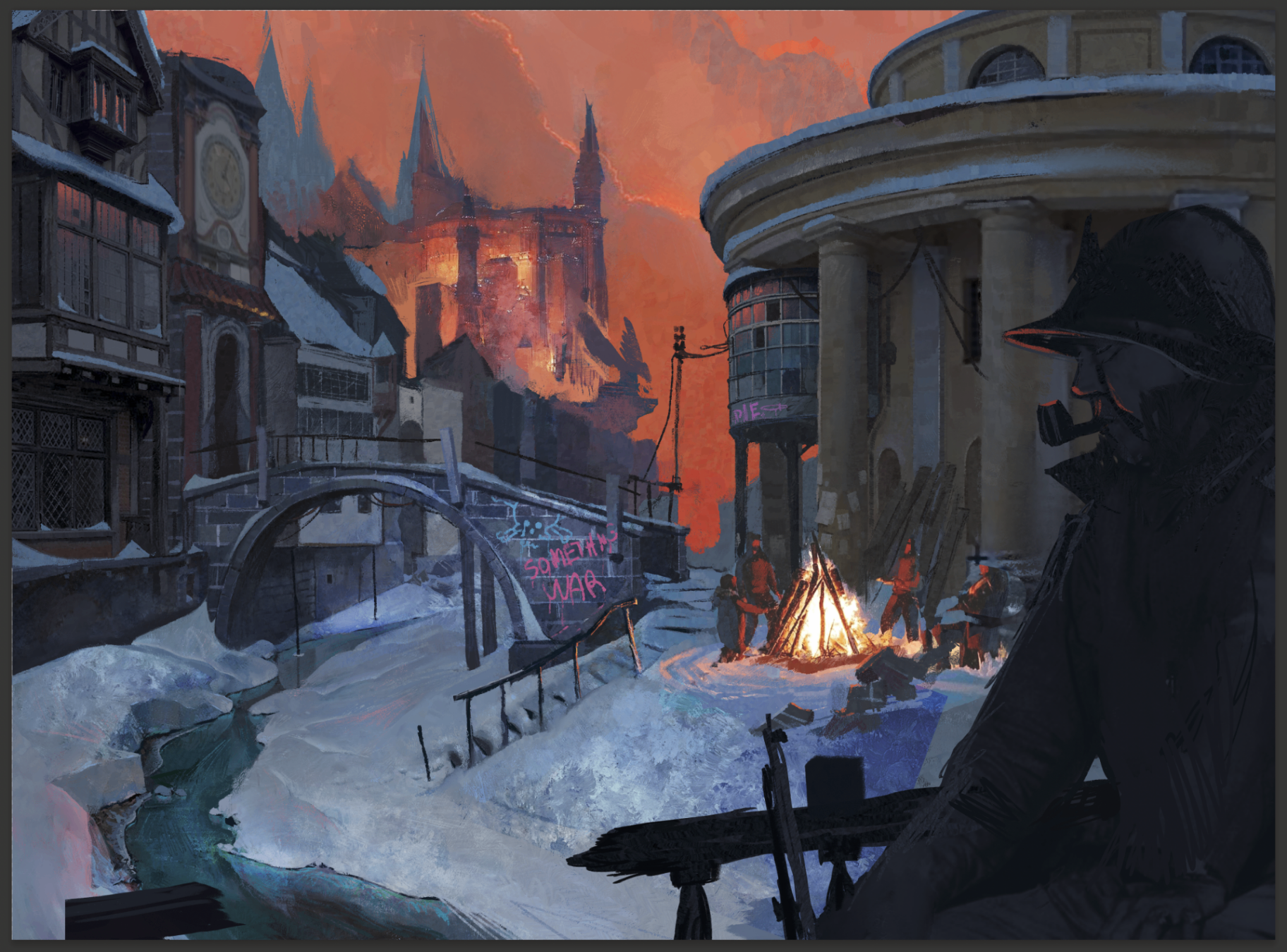 Ostrograd city concept art — a snowy war-torn cityscape